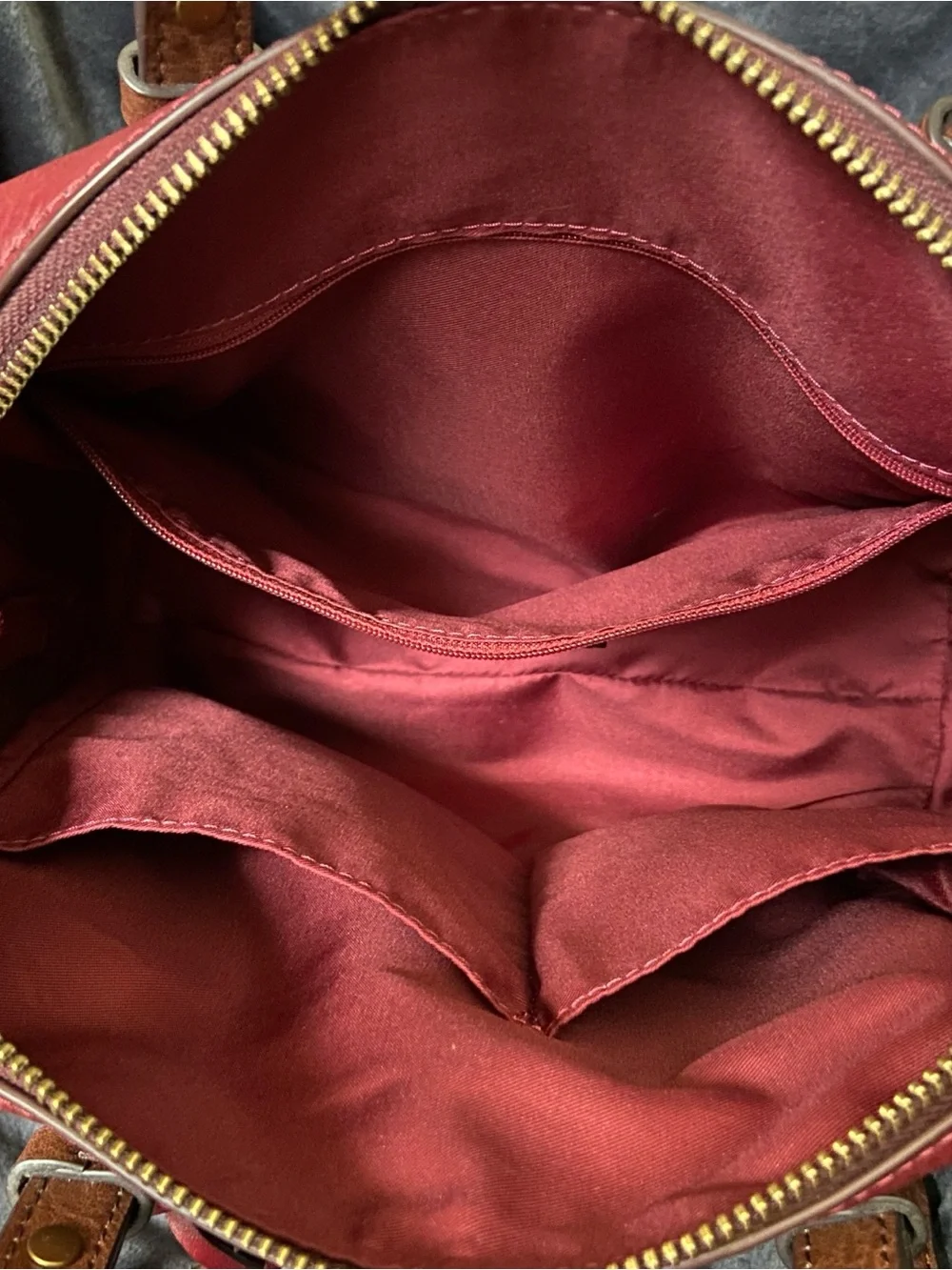 Fossil Rachel Leather Satchel Red Burgundy Crossbody Brown Handles Key Charm